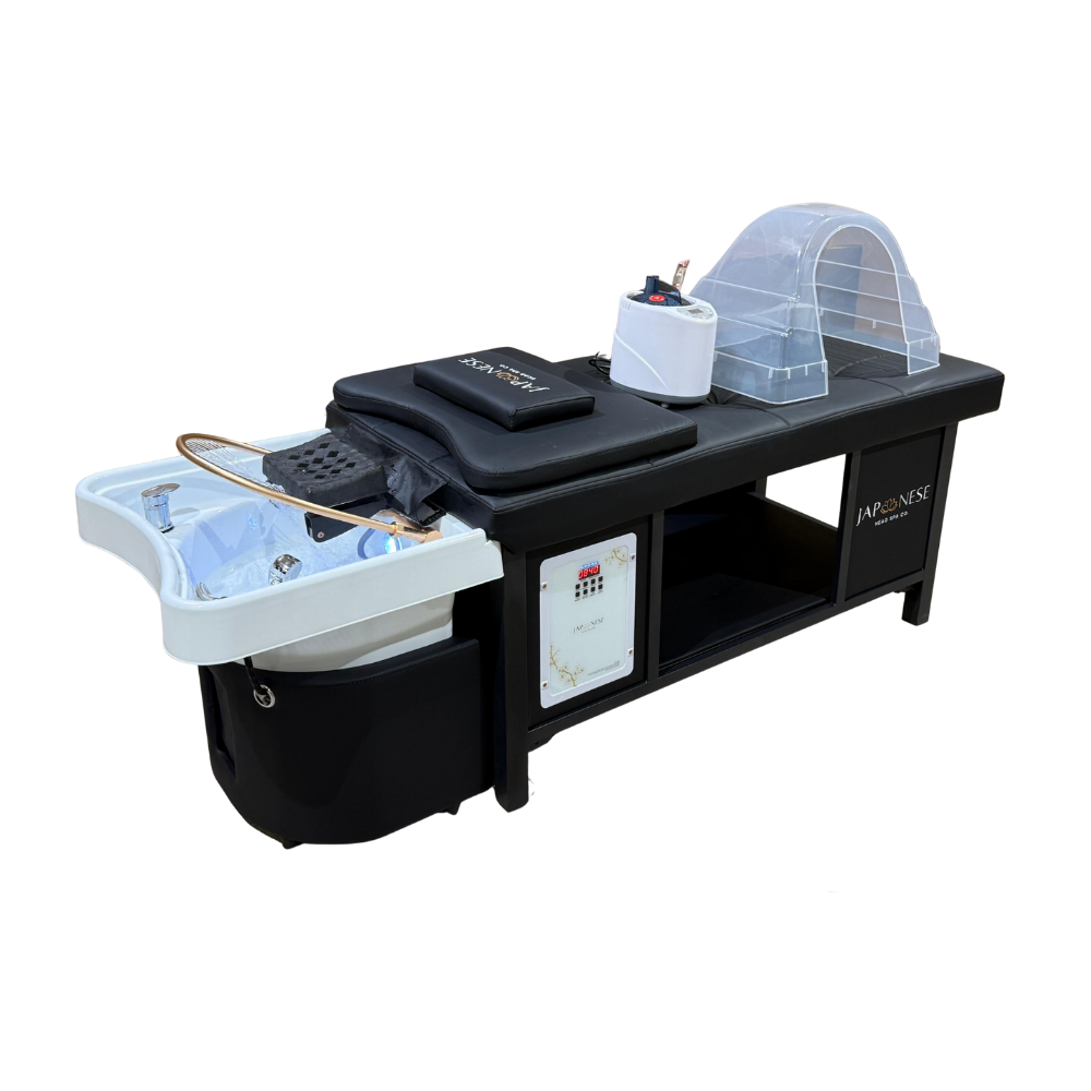 Japanese Head Spa Black Full Bed Black Frame Hybrid Unit Plumbed (inc. Steamer, Steamer Hood & Water Heater)