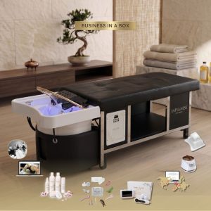 CHROME FRAME BIAB BUSINESS IN A BOX: Black Plumbed Chrome Frame Japanese Head Spa Full Bed Unit Package