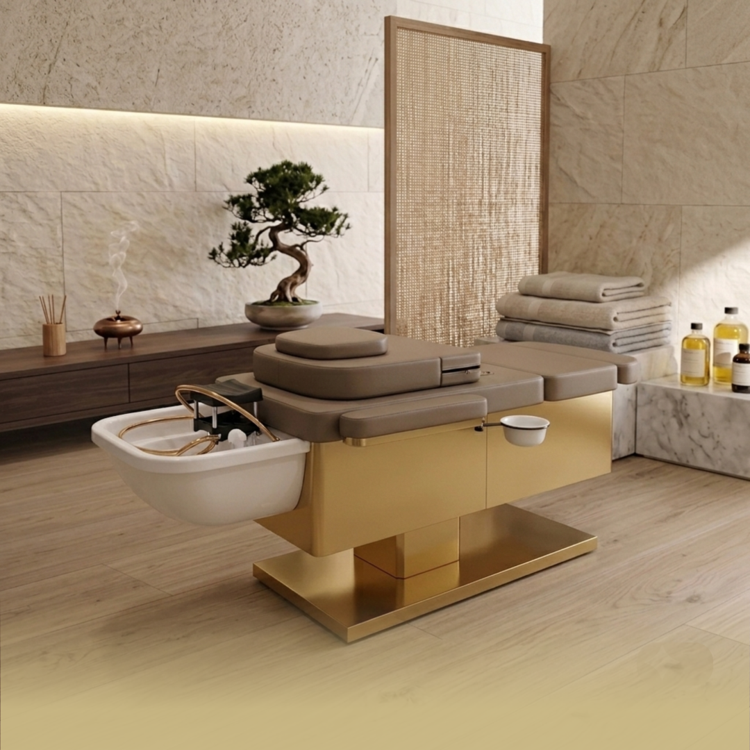 new spa bed image INTRODUCTORY OFFER - Japanese Head Spa Fawn Full Bed with Foot Spa - **HEIGHT ADJUSTABLE** with Electric Back & Foot Rest (Plumbed) (inc. Steamer, Steamer Hood & 2 x Water Heater)