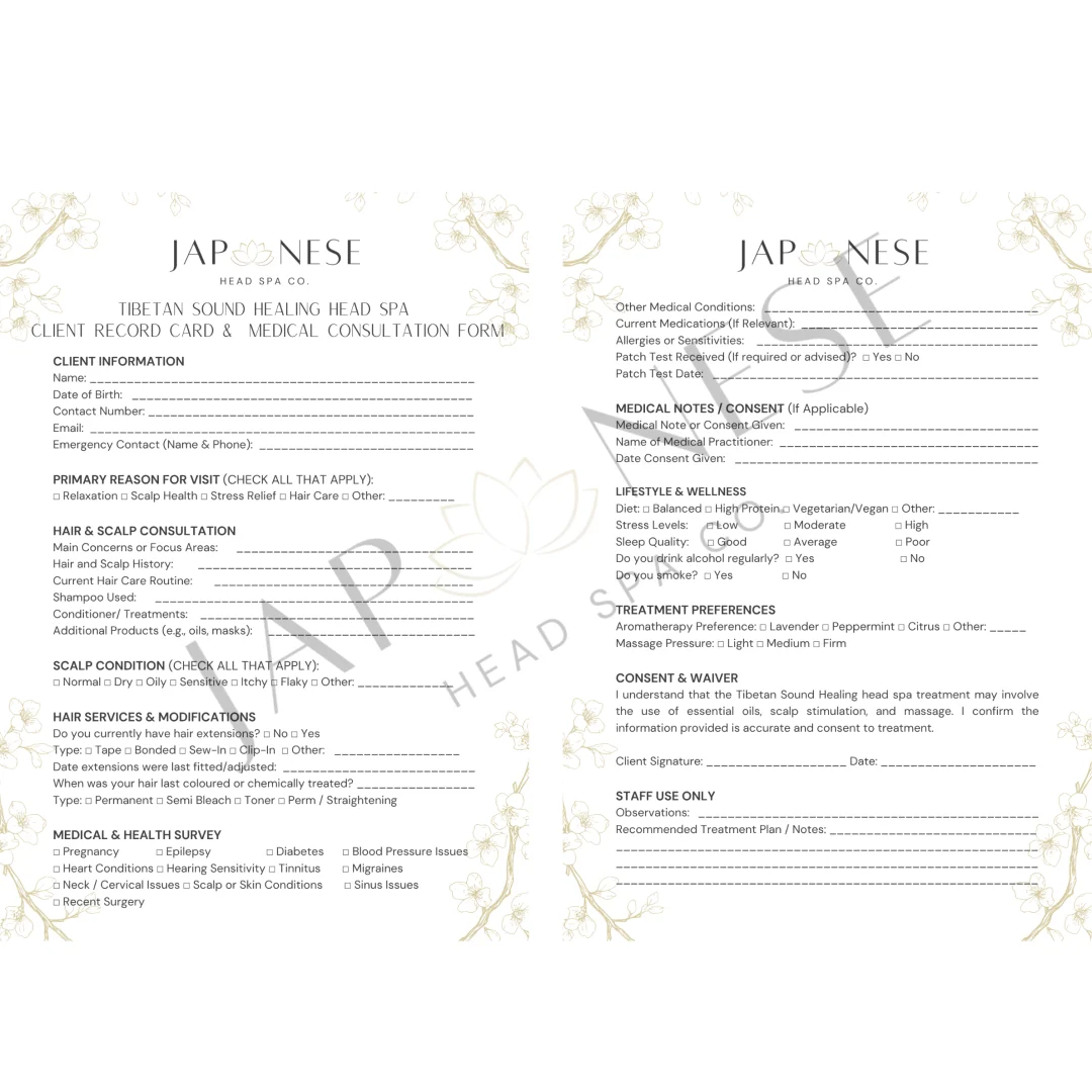 Tibetan Sound Healing Head Spa Client Consultation Form – 25 Packs Tibetan Sound Healing Head Spa Client Consultation Form – 25 Packs